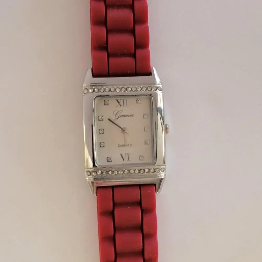 Geneva Womens Watch White Dial Silver Case Red Silicone Band Rectangle Quartz